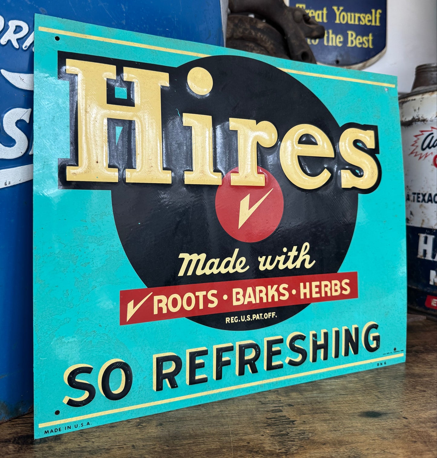 1950s 14x12 Embossed Hires Root Beer Sign In Mint Condition.