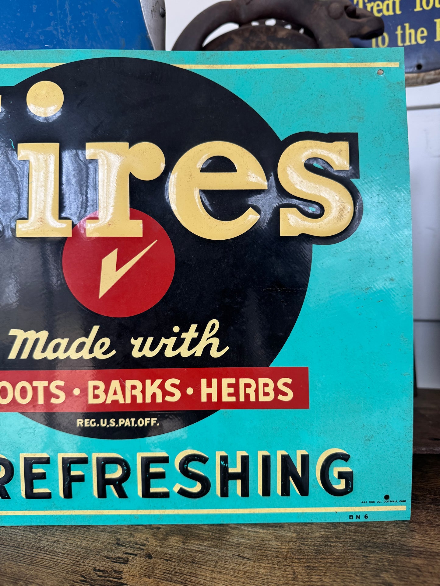 1950s 14x12 Embossed Hires Root Beer Sign In Mint Condition.