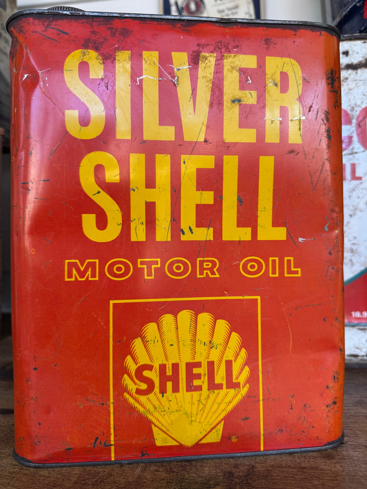 1950s 2 Gallon Silver Shell Oil Can