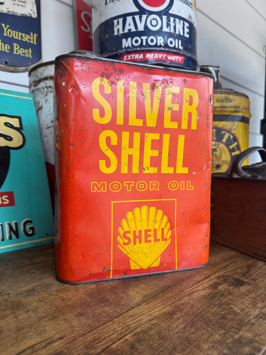 1950s 2 Gallon Silver Shell Oil Can